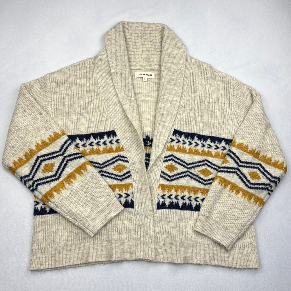 Lucky Brand Womens Large Aztec Geo Shawl Collar Cardigan Sweater Wool Blend L